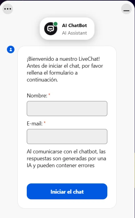 Chat de soporte con asistente AI de SpinGranny Casino Chat de soporte de SpinGranny Casino con asistente de inteligencia artificial y formulario para introducir nombre y correo electrónico