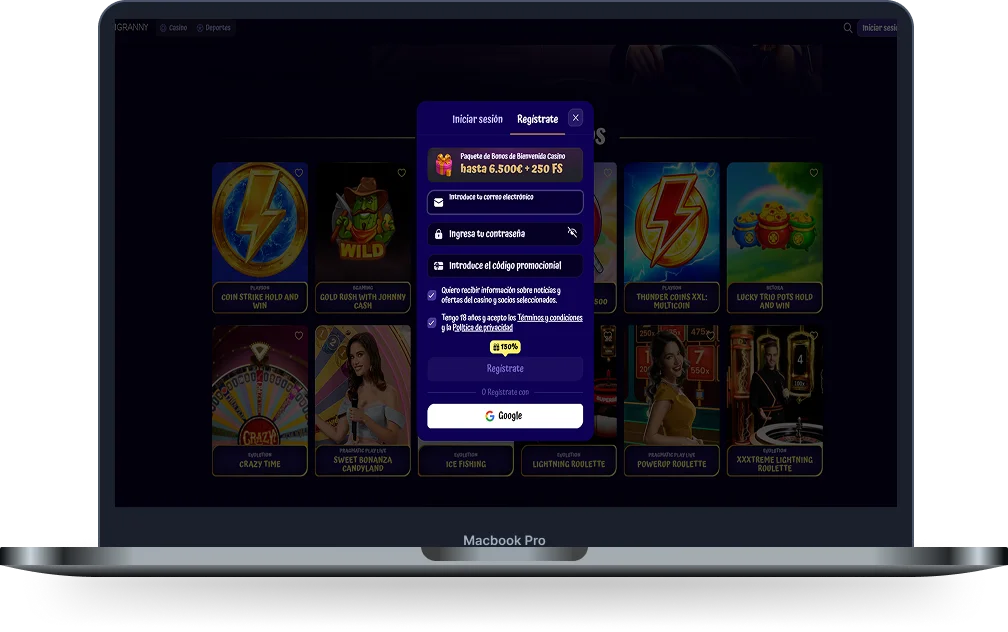 Registro en SpinGranny Casino desde ordenador con bono de bienvenida Formulario de registro de SpinGranny Casino en ordenador con bono de bienvenida de hasta 6.500 € y 250 tiradas gratis junto al catálogo de slots y juegos de casino