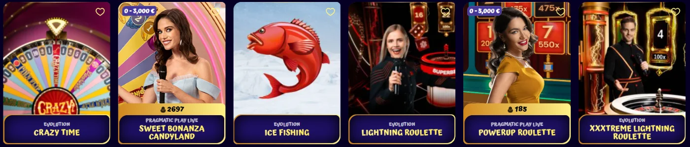 Juegos de casino en vivo y ruleta de SpinGranny Casino Juegos de casino en vivo de SpinGranny Casino con Crazy Time, Sweet Bonanza CandyLand, Ice Fishing, Lightning Roulette, PowerUP Roulette y XXXtreme Lightning Roulette