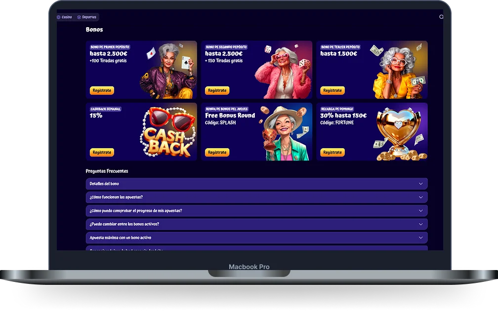 Bonos y promociones de SpinGranny Casino en ordenador Página de bonos de SpinGranny Casino en ordenador con bonos de depósito, cashback semanal, ronda de bonos del jueves, recarga del domingo y preguntas frecuentes