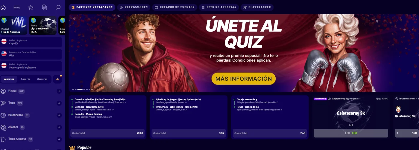 Apuestas deportivas, partidos destacados y quiz de SpinGranny Casino Sección de apuestas deportivas de SpinGranny Casino con partidos destacados, cuotas, fútbol, tenis, baloncesto y promoción especial de quiz