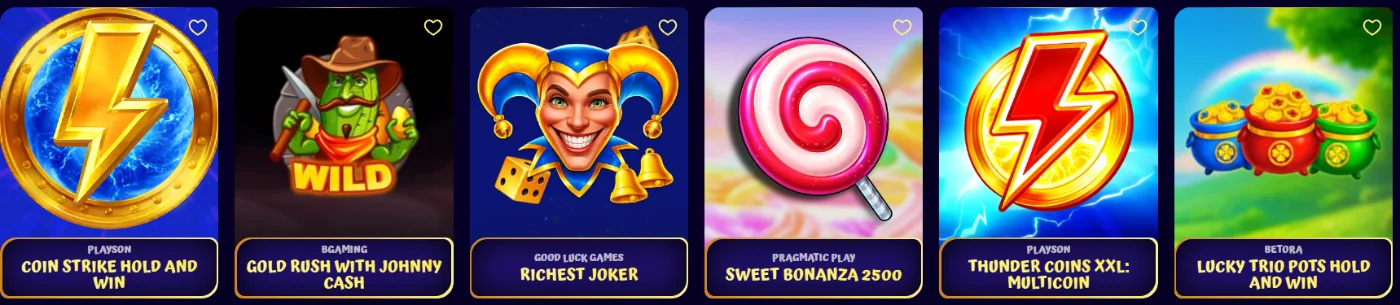Slots y juegos destacados disponibles en SpinGranny Casino Selección de slots de SpinGranny Casino con Coin Strike Hold and Win, Gold Rush with Johnny Cash, Richest Joker, Sweet Bonanza 2500, Thunder Coins XXL y Lucky Trio Pots Hold and Win
