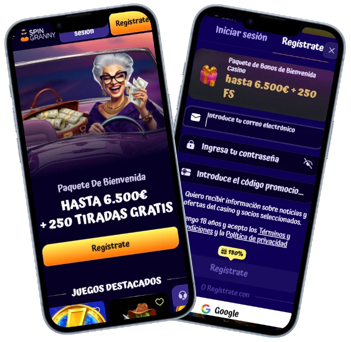Bono de bienvenida y registro móvil en SpinGranny Casino Versión móvil de SpinGranny Casino con paquete de bienvenida de hasta 6.500 € y 250 tiradas gratis junto al formulario de registro para nuevos jugadores